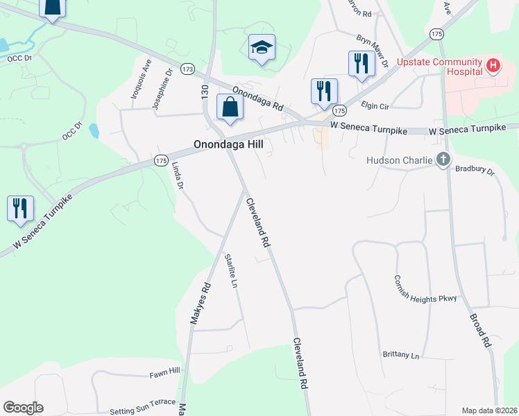 map of restaurants, bars, coffee shops, grocery stores, and more near 4758 Cleveland Road in Syracuse