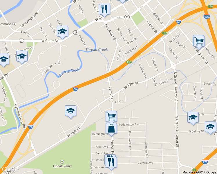 map of restaurants, bars, coffee shops, grocery stores, and more near 1708 Fenton Road in Flint