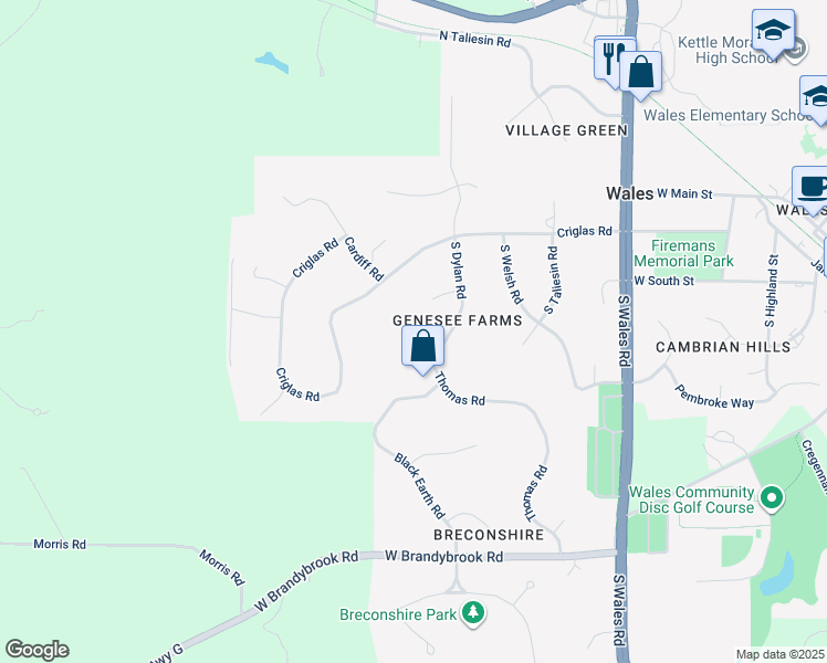map of restaurants, bars, coffee shops, grocery stores, and more near 610 Thomas Road in Wales