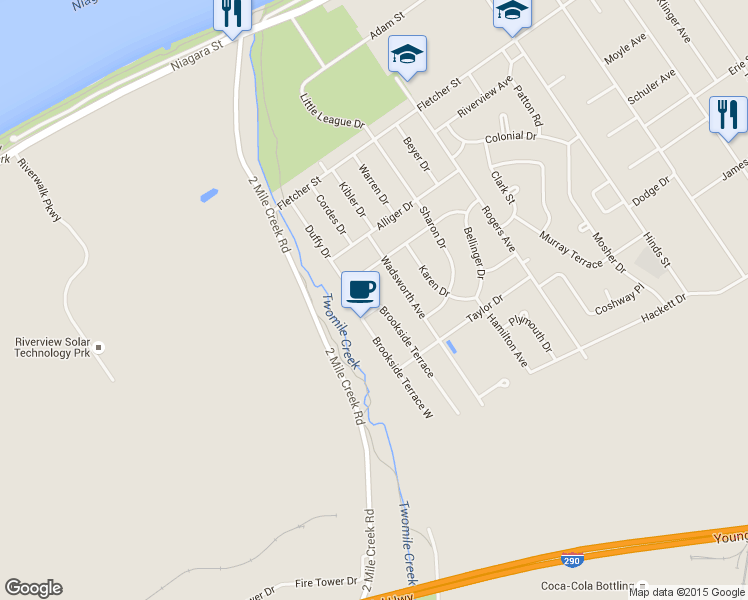 map of restaurants, bars, coffee shops, grocery stores, and more near 215 Brookside Terrace in Tonawanda