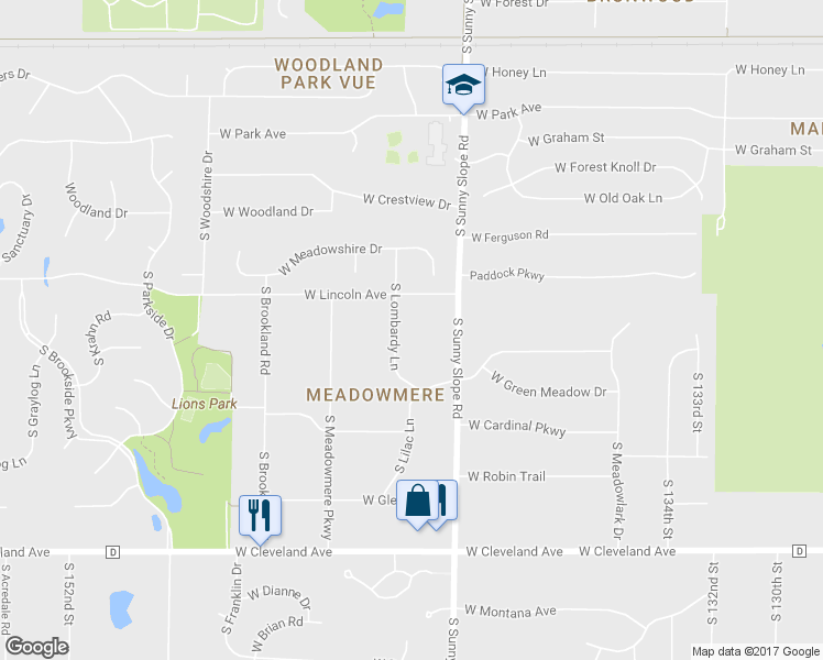 map of restaurants, bars, coffee shops, grocery stores, and more near 2320 South Lombardy Lane in New Berlin