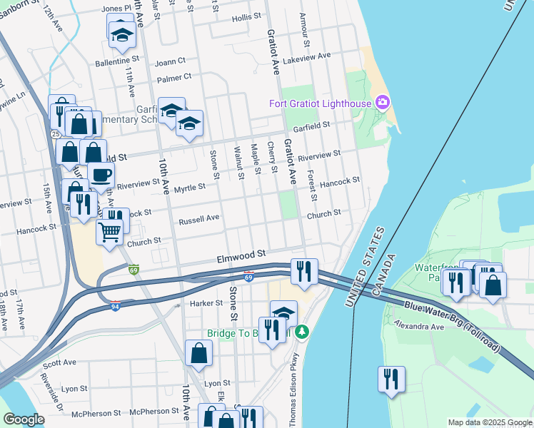 map of restaurants, bars, coffee shops, grocery stores, and more near 2528 Maple Street in Port Huron
