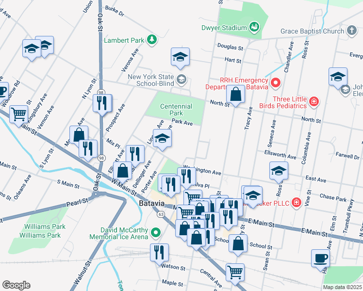 map of restaurants, bars, coffee shops, grocery stores, and more near 119 1/2 State Street in Batavia