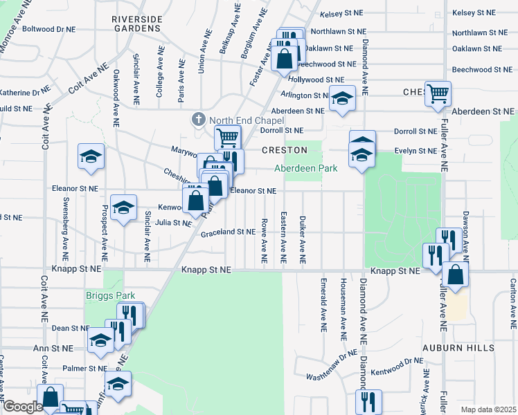 map of restaurants, bars, coffee shops, grocery stores, and more near 2149 Rowe Avenue Northeast in Grand Rapids