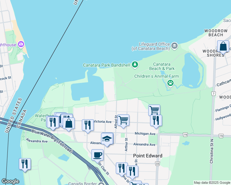 map of restaurants, bars, coffee shops, grocery stores, and more near 1275 Sandy Lane in Point Edward