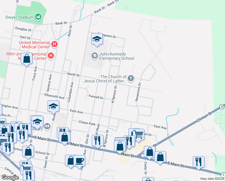 map of restaurants, bars, coffee shops, grocery stores, and more near 143 North Spruce Street in Batavia