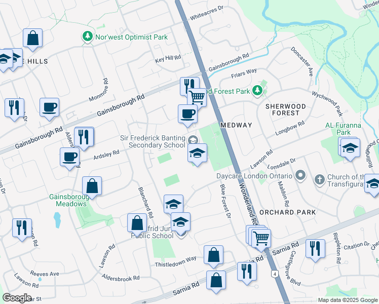 map of restaurants, bars, coffee shops, grocery stores, and more near 125 Sherwood Forest Square in London