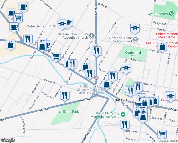 map of restaurants, bars, coffee shops, grocery stores, and more near 15 Holland Avenue in Batavia