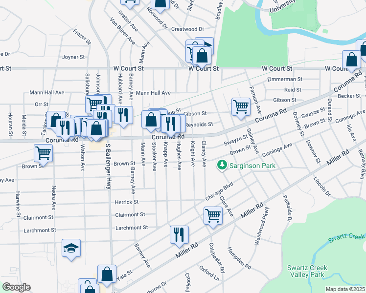 map of restaurants, bars, coffee shops, grocery stores, and more near 1119 Hughes Avenue in Flint