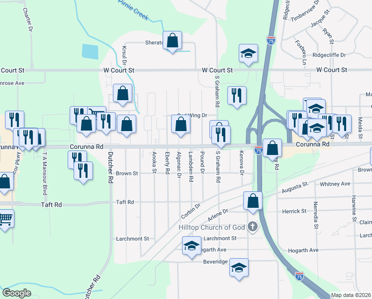 map of restaurants, bars, coffee shops, grocery stores, and more near in Flint Township