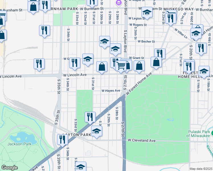 map of restaurants, bars, coffee shops, grocery stores, and more near 2351 South 29th Street in Milwaukee