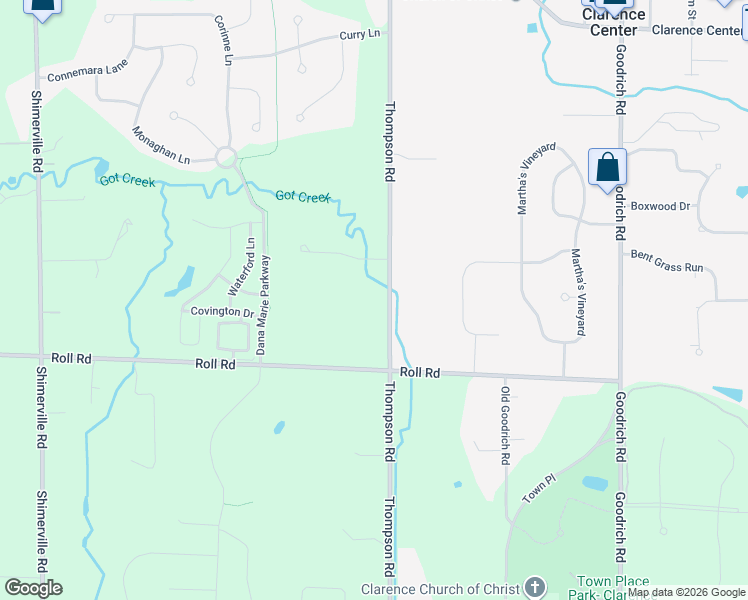 map of restaurants, bars, coffee shops, grocery stores, and more near 5670 Thompson Road in Clarence Center