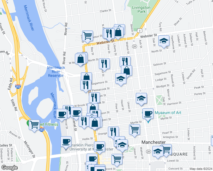 map of restaurants, bars, coffee shops, grocery stores, and more near 81 Brook Street in Manchester