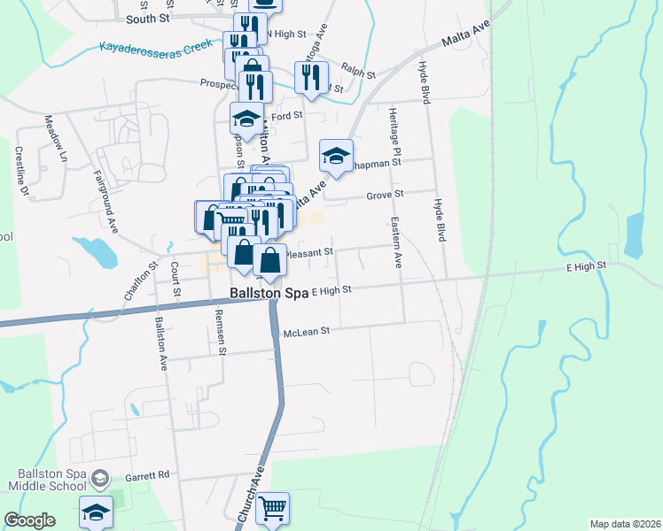map of restaurants, bars, coffee shops, grocery stores, and more near 40 Pleasant Street in Ballston Spa