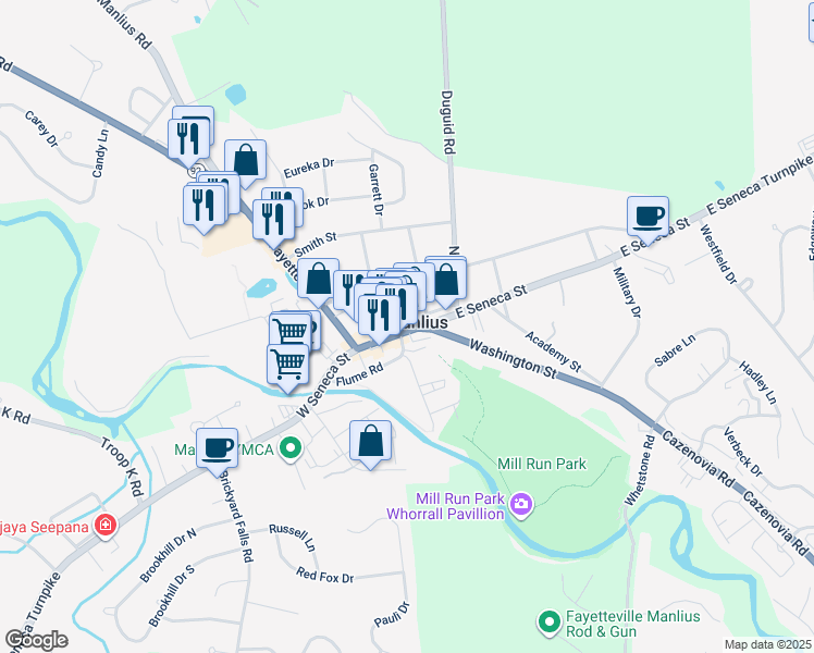 map of restaurants, bars, coffee shops, grocery stores, and more near 103 Wesley Street in Manlius