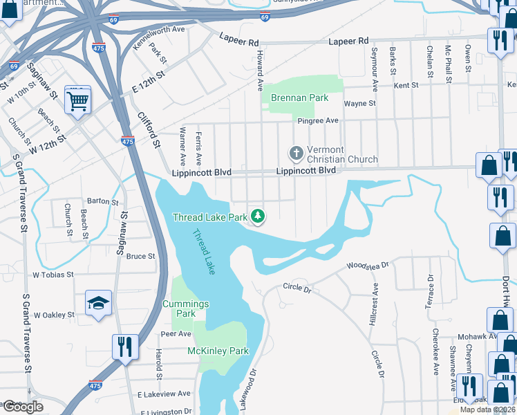 map of restaurants, bars, coffee shops, grocery stores, and more near 2201 Howard Avenue in Flint