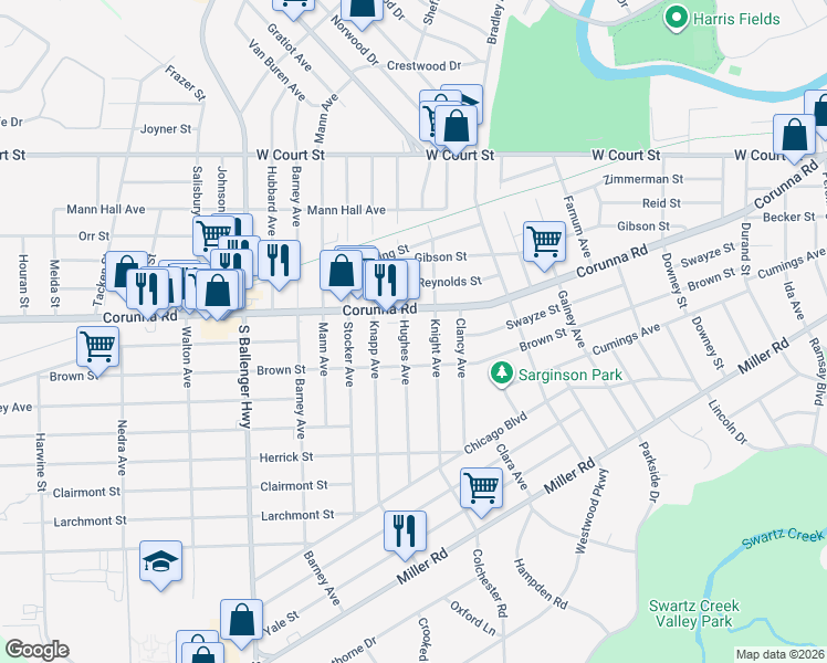 map of restaurants, bars, coffee shops, grocery stores, and more near 1119 Hughes Avenue in Flint