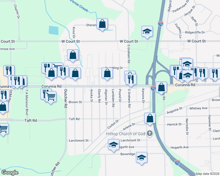 map of restaurants, bars, coffee shops, grocery stores, and more near in Flint Township