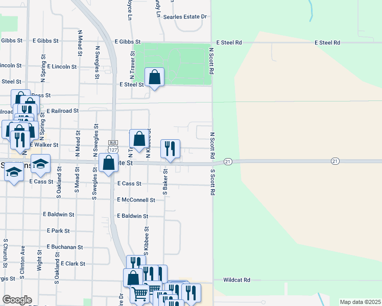 map of restaurants, bars, coffee shops, grocery stores, and more near 1000 East Walker Street in Saint Johns