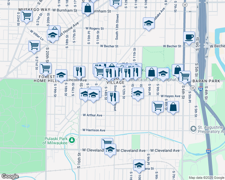 map of restaurants, bars, coffee shops, grocery stores, and more near 2330 South 13th Street in Milwaukee