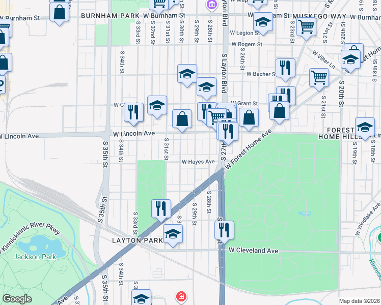 map of restaurants, bars, coffee shops, grocery stores, and more near 2351 South 29th Street in Milwaukee