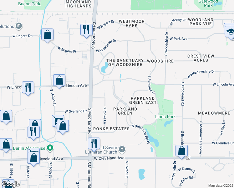map of restaurants, bars, coffee shops, grocery stores, and more near 2335 South Graylog Lane in New Berlin