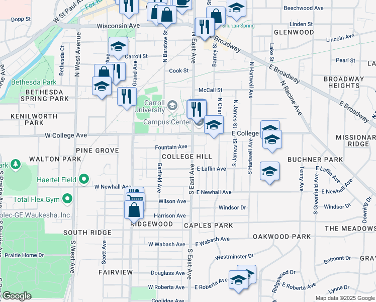 map of restaurants, bars, coffee shops, grocery stores, and more near 128 South East Avenue in Waukesha