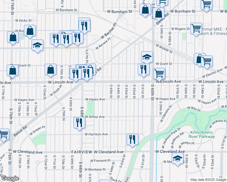 map of restaurants, bars, coffee shops, grocery stores, and more near 2342 South 65th Street in West Allis