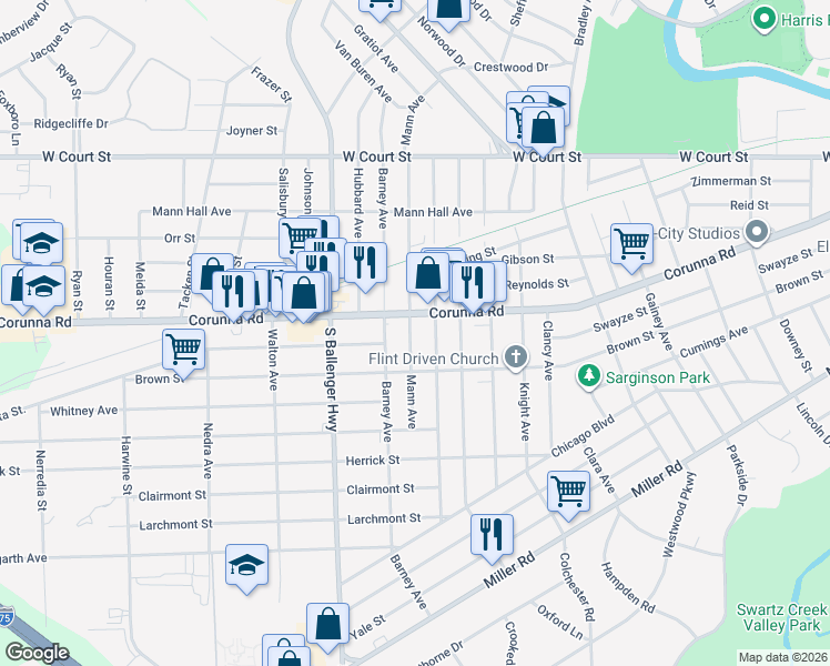 map of restaurants, bars, coffee shops, grocery stores, and more near 1115 Mann Avenue in Flint