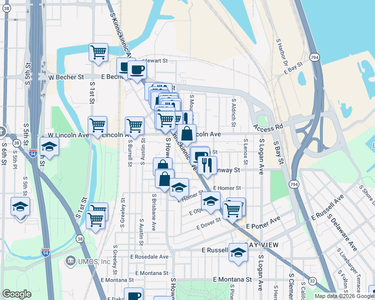 map of restaurants, bars, coffee shops, grocery stores, and more near 2358 South Kinnickinnic Avenue in Milwaukee