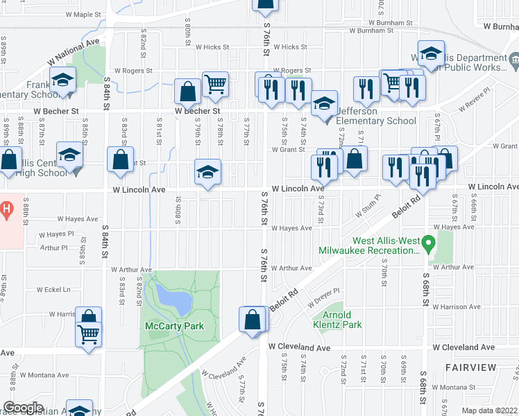 map of restaurants, bars, coffee shops, grocery stores, and more near 2337 South 76th Street in West Allis