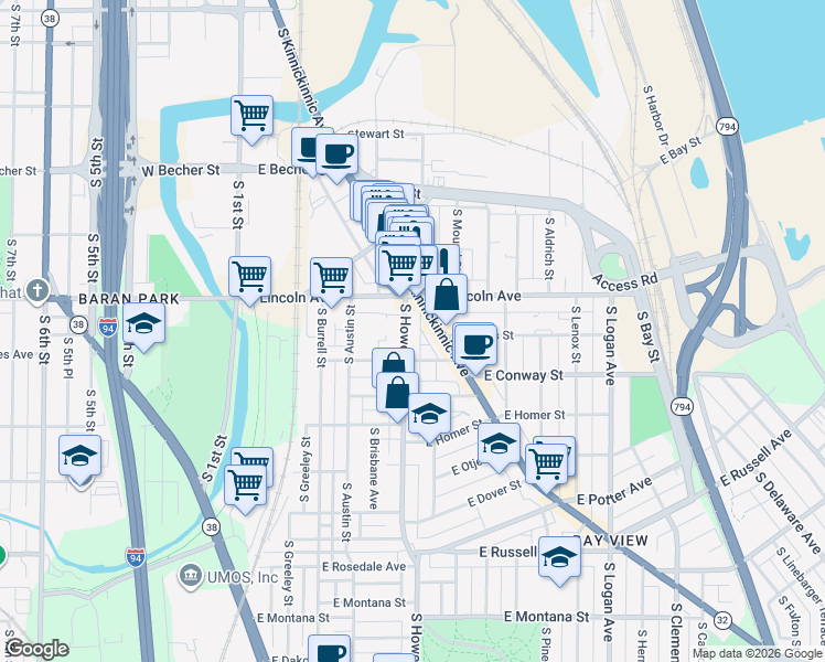 map of restaurants, bars, coffee shops, grocery stores, and more near 2342 South Howell Avenue in Milwaukee