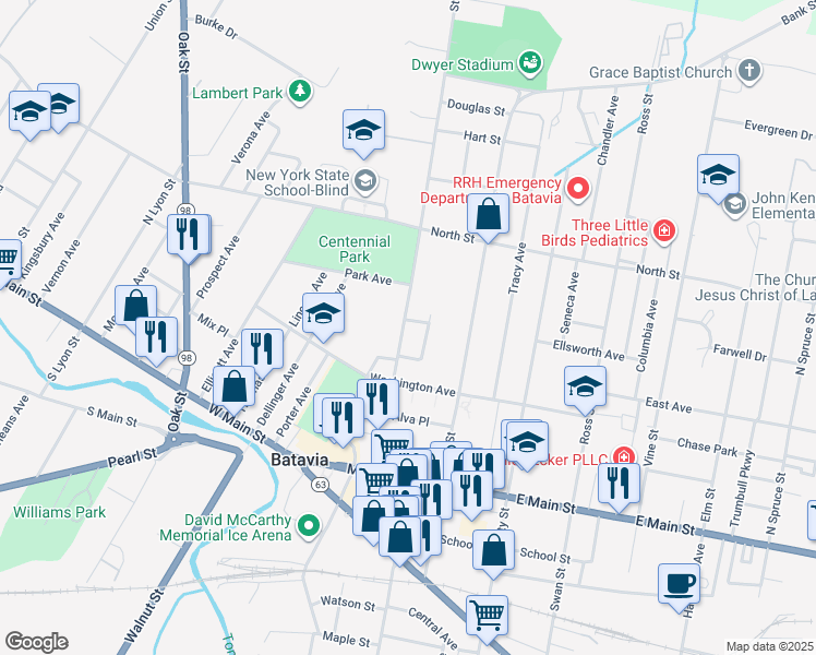 map of restaurants, bars, coffee shops, grocery stores, and more near 3 Lewis Place in Batavia