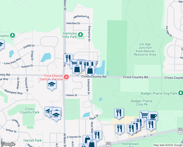 map of restaurants, bars, coffee shops, grocery stores, and more near 100 Cross Country Road in Verona
