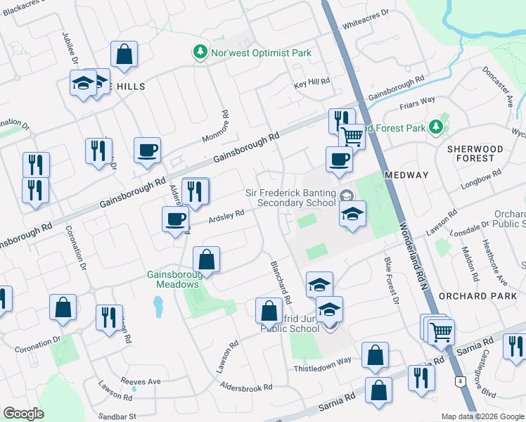 map of restaurants, bars, coffee shops, grocery stores, and more near 3 Brunswick Avenue in London