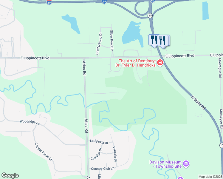 map of restaurants, bars, coffee shops, grocery stores, and more near 9359 Varodell Drive in Davison