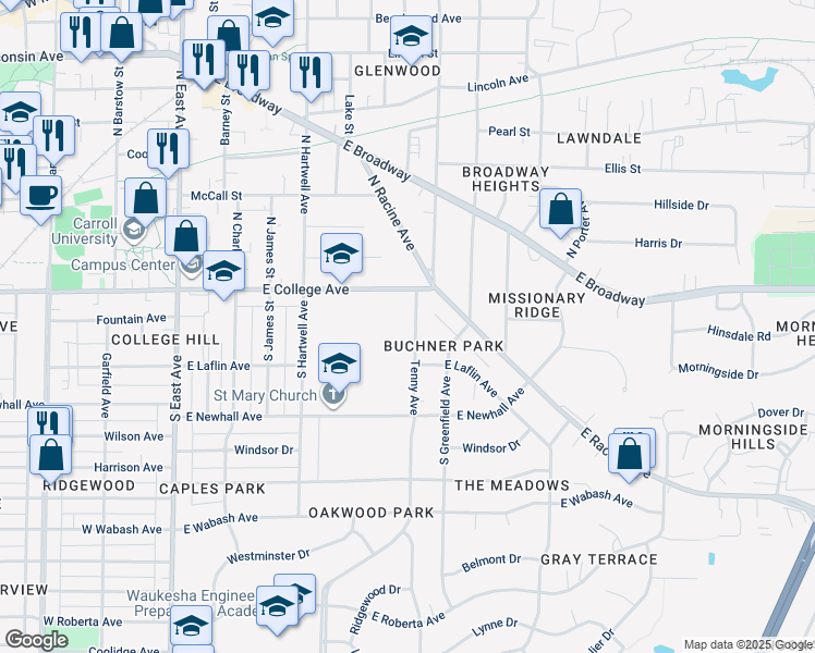 map of restaurants, bars, coffee shops, grocery stores, and more near 132 Tenny Avenue in Waukesha