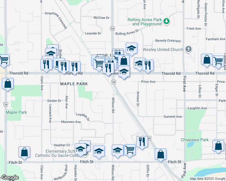 map of restaurants, bars, coffee shops, grocery stores, and more near 369 Willson Road in Welland