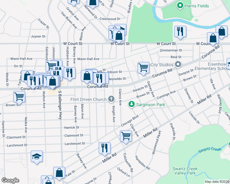 map of restaurants, bars, coffee shops, grocery stores, and more near 1119 Knight Avenue in Flint