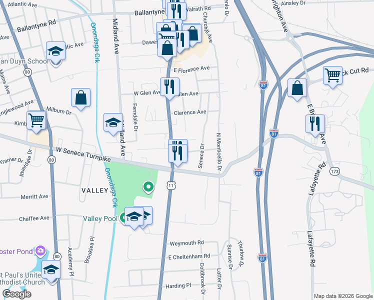 map of restaurants, bars, coffee shops, grocery stores, and more near 131 Orlando Avenue in Syracuse