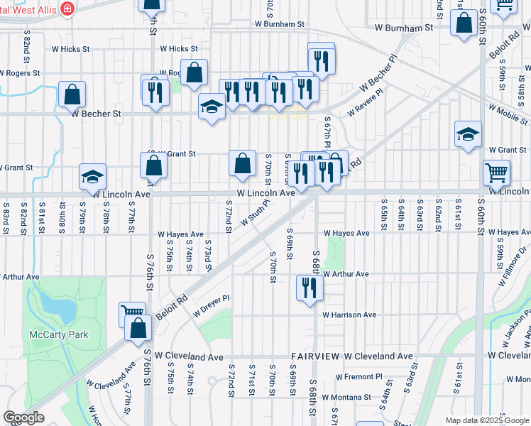 map of restaurants, bars, coffee shops, grocery stores, and more near 7035 West Stuth Place in West Allis