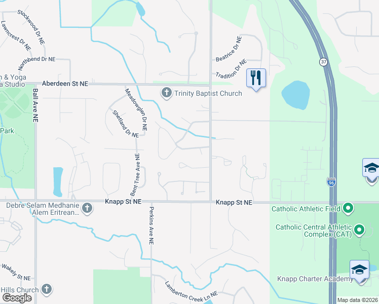map of restaurants, bars, coffee shops, grocery stores, and more near 2154 Ter Van Drive Northeast in Grand Rapids