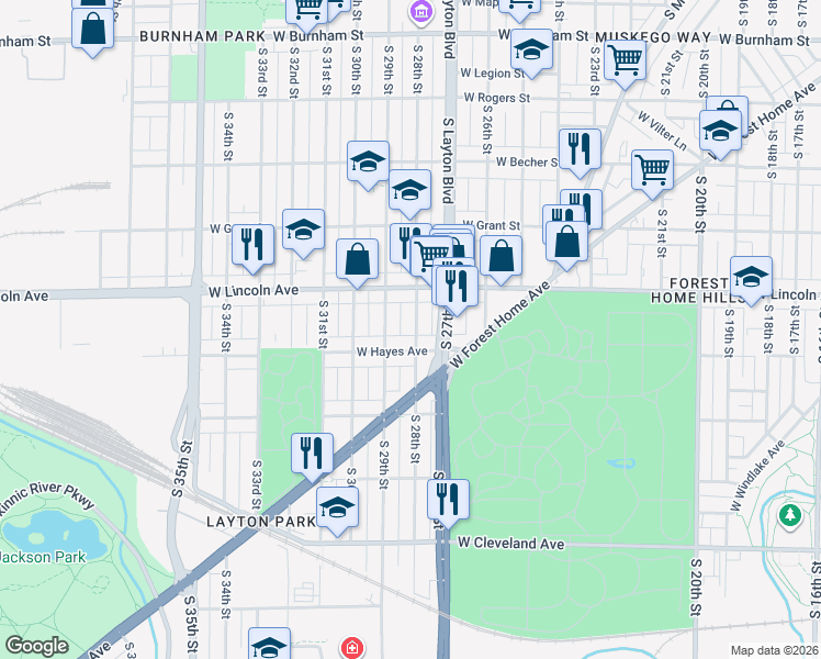 map of restaurants, bars, coffee shops, grocery stores, and more near 2355 South 28th Street in Milwaukee