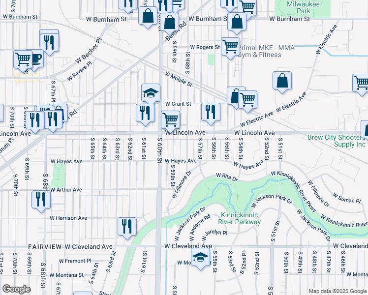 map of restaurants, bars, coffee shops, grocery stores, and more near 2341 South 58th Street in West Allis