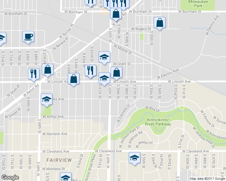 map of restaurants, bars, coffee shops, grocery stores, and more near 2338 South 60th Street in West Allis