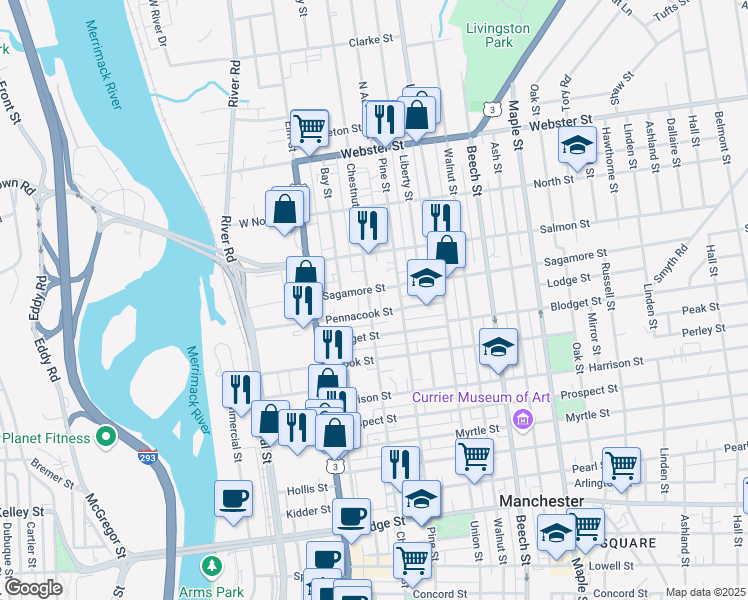 map of restaurants, bars, coffee shops, grocery stores, and more near 81 Brook Street in Manchester
