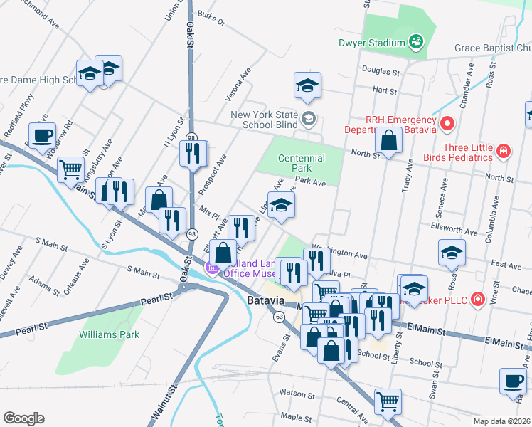 map of restaurants, bars, coffee shops, grocery stores, and more near 15 Washington Avenue in Batavia