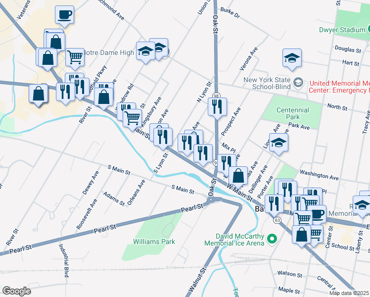 map of restaurants, bars, coffee shops, grocery stores, and more near 2 Montclair Avenue in Batavia