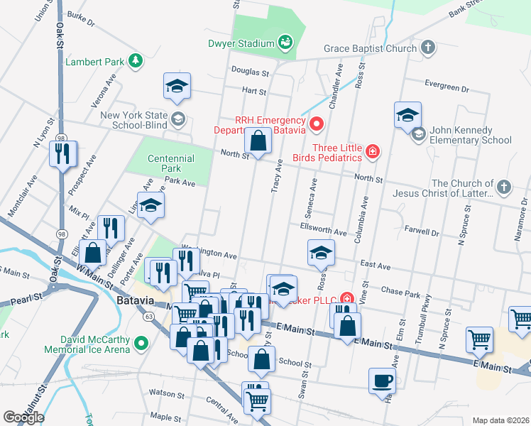 map of restaurants, bars, coffee shops, grocery stores, and more near 29 Tracy Avenue in Batavia