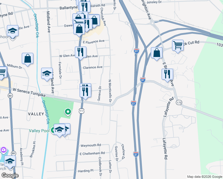 map of restaurants, bars, coffee shops, grocery stores, and more near 150-54 North Monticello Drive in Syracuse